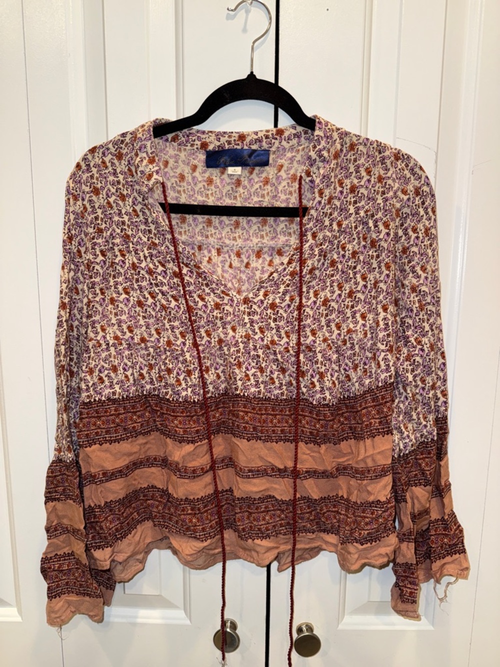 Blue Rain Floral Tie-Front Boho Blouse in Cream, Rust & Purple